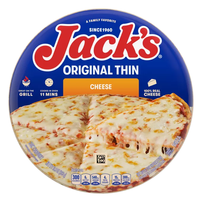 Un empaque de pizza de queso con una etiqueta naranja, una espátula que levanta una porción de pizza y el logotipo de Jack's sobre un fondo azul.