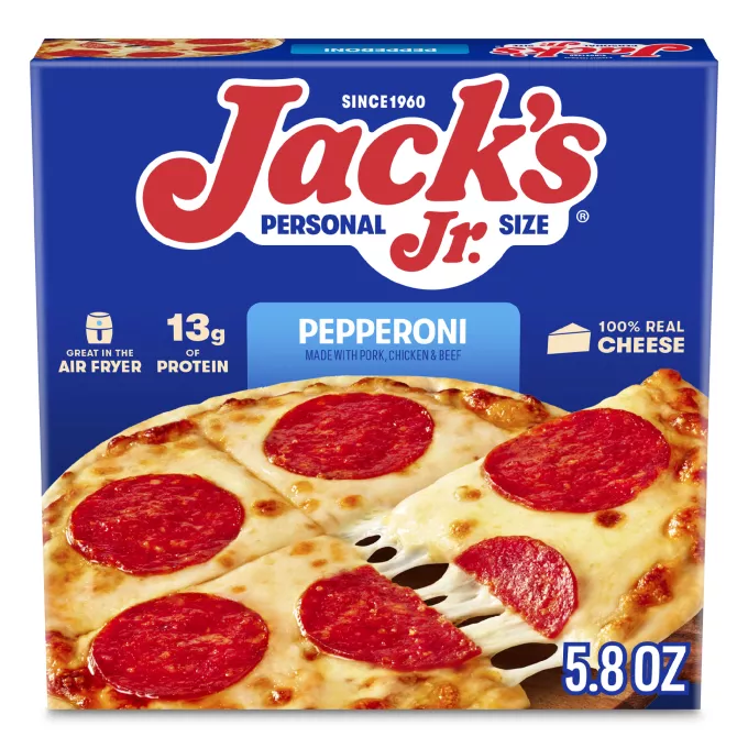 Vista frontal centrada de caja con peso neto de 5.8oz (167g) de pizza JACK'S Jr. de pepperoni tamaño individual.