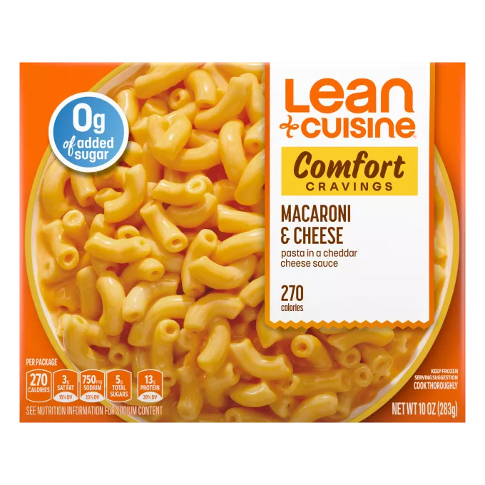 Caja de Macaroni and Cheese con etiqueta de Comfort Cravings y de 0 g de azúcar añadida con un tazón de macarrones con queso.