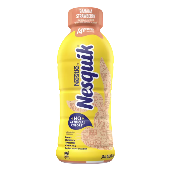 A yellow bottle with a pink cap and a pink silhouette of the Nesquik bunny’s head.