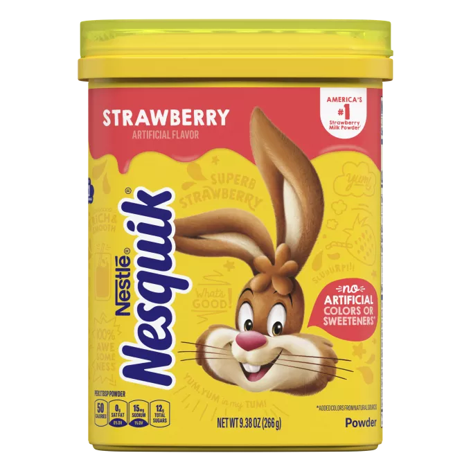 Un envase amarillo con el conejo de Nesquik y una etiqueta roja en la parte superior.
