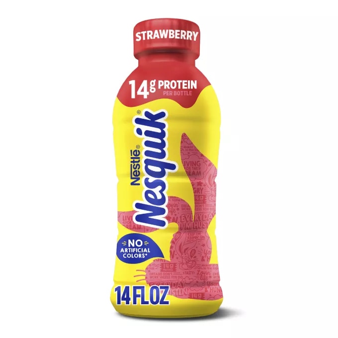 A yellow bottle with a red cap and a red silhouette of the Nesquik bunny’s head.