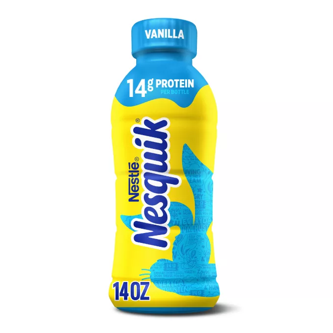 Una botella amarilla con tapa celeste y una silueta celeste de la cabeza del conejo de Nesquik.