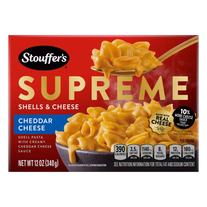 Vista frontal centrada del producto Supreme Cheddar Shells & Cheese de Stouffer's de PESO NETO 12 oz (340 g).