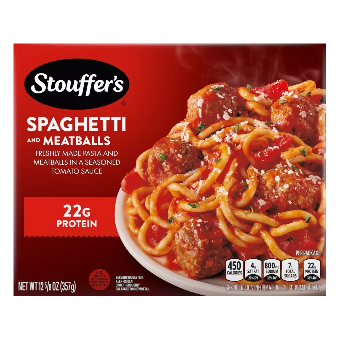Caja de Spaghetti with Meatballs con un plato de espaguetis debajo del nombre del producto y del logo de STOUFFER'S.