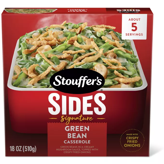 Caja de Green Bean Casserole con letreros de Guarniciones Stouffer's, Listo en 11 minutos, y 5 porciones.