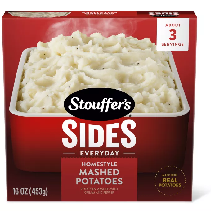 Caja de Homestyle Mashed Potatoes con Stouffer's Sides, ¡nuevo!, y distintivos de hecho con papas auténticas.
