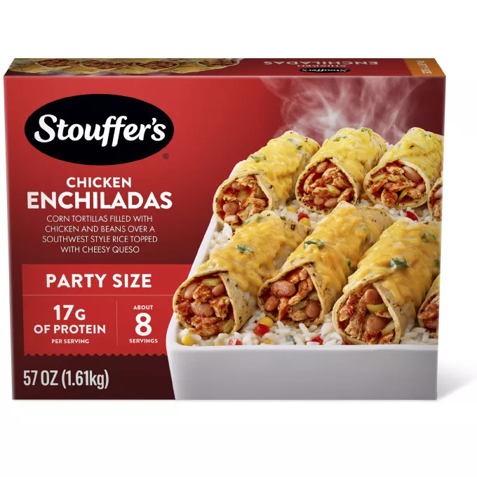 Caja de Chicken Enchiladas con un plato de enchiladas junto a tenedores y platos debajo del nombre del producto y una etiqueta que dice "el doble de pollo".
