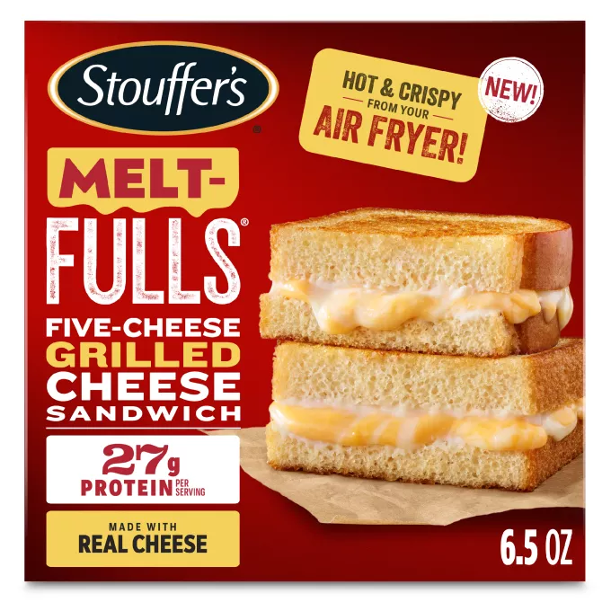 Vista frontal centrada de caja de 6.5oz MELT-FULLS FIVE CHEESE GRILLED CHEESE de STOUFFER'S con peso neto de 6.5oz (185g).