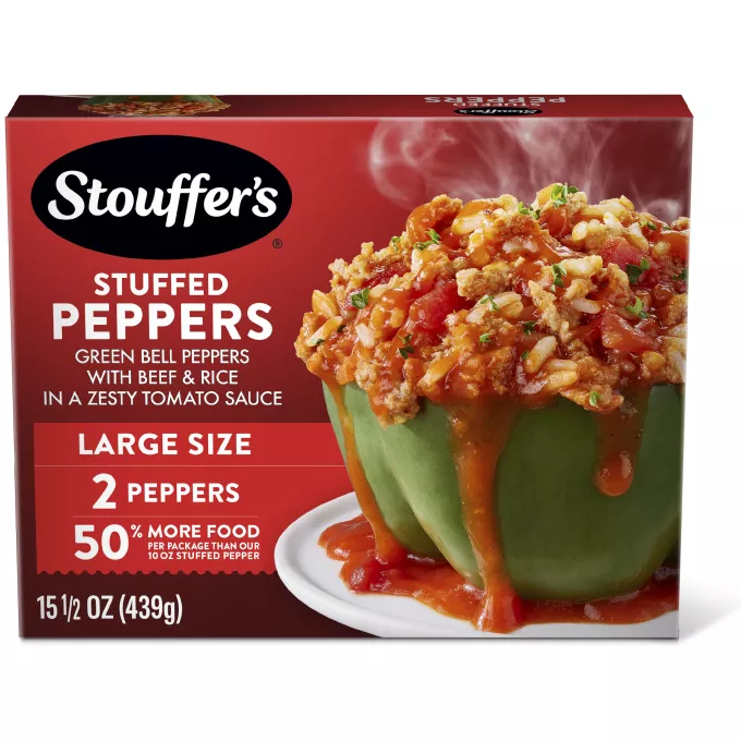 Caja de Stuffed Pepper con un plato de pimientos verdes y carne de res debajo del nombre del producto y de una etiqueta que dice "TAMAÑO GRANDE".