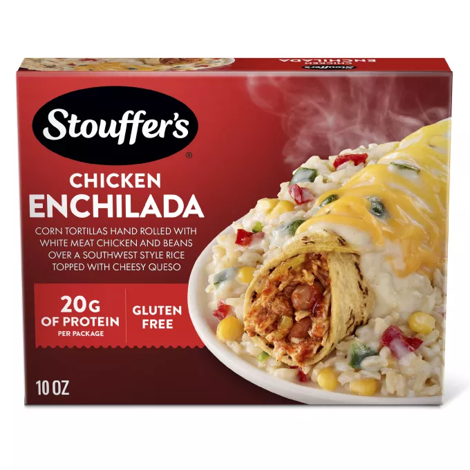Vista frontal centrada de caja de 10 oz (238 g) de comida congelada de Enchilada de pollo de STOUFFER'S .
