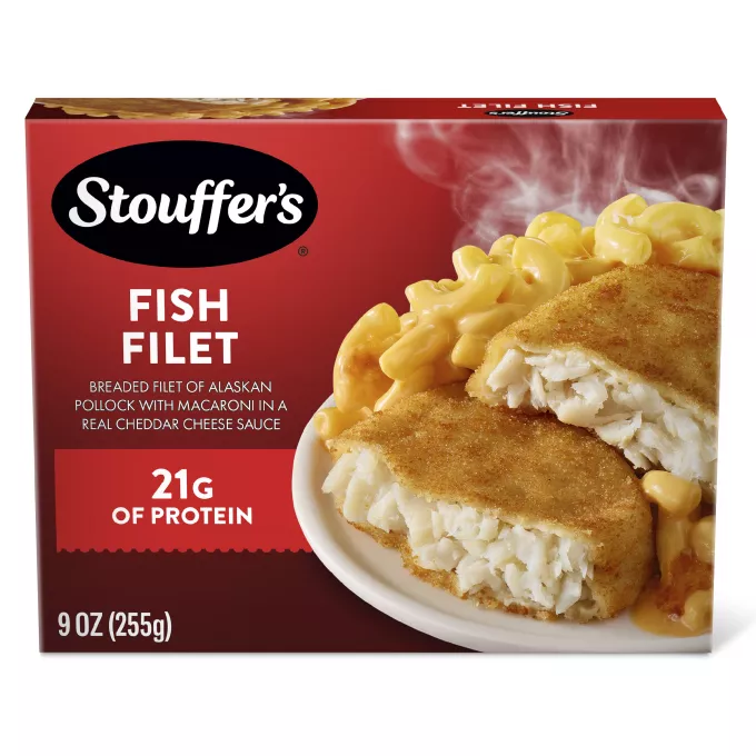 Vista frontal central de caja de STOUFFER'S Fish Filet with Macaroni and Cheese Frozen Entrée de 9 oz PESO NETO 9 oz (255 g).