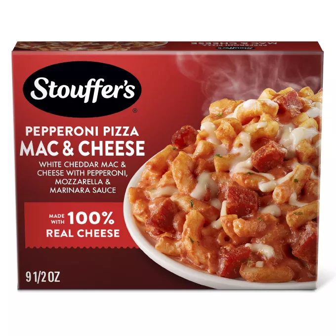 Vista frontal centrada de caja de 9.5oz (269g) de comida congelada Macarrones con queso Pepperoni Pizza de STOUFFER'S.
