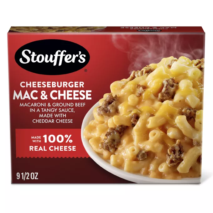 Vista frontal centrada de caja de 9.5oz (269g) de comida congelada Macarrones con queso Cheeseburger de STOUFFER'S.