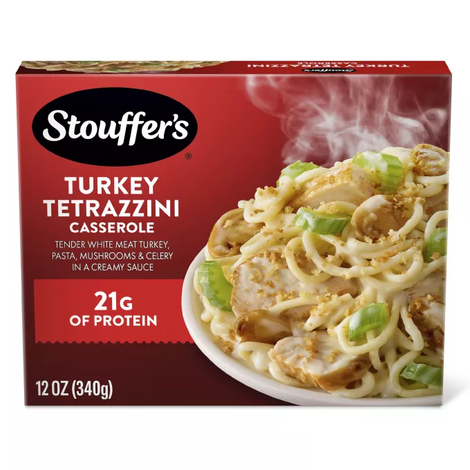 Vista frontal centrada de caja de Peso Neto 12oz (340g) de plato fuerte congelado Turkey Tetrazzini de Stouffer's Classics.