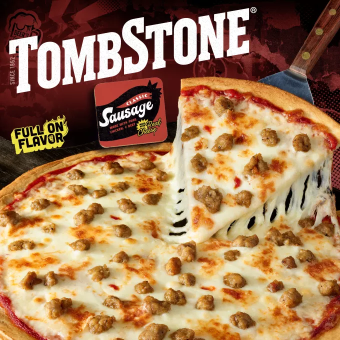 Package of original classic sausage pizza with a red label and border, a spatula under a pizza, and the Tombstone logo.