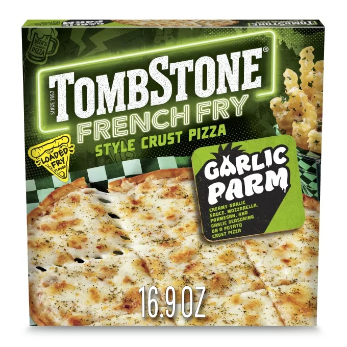 Front Center view of TOMBSTONE Frozen Pizza French Fry Style Crust Garlic Parmesan Pizza 16.9oz Carton NET WT 16.9 oz (1 lb 0.9 oz) 481 g product.