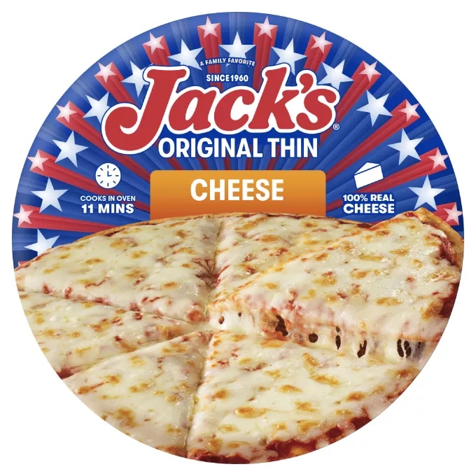 Vista frontal centrada de caja de pizza congelada sabor Cheese con Masa Final Original de Jack's con peso neto de 13.8 oz (393 g).