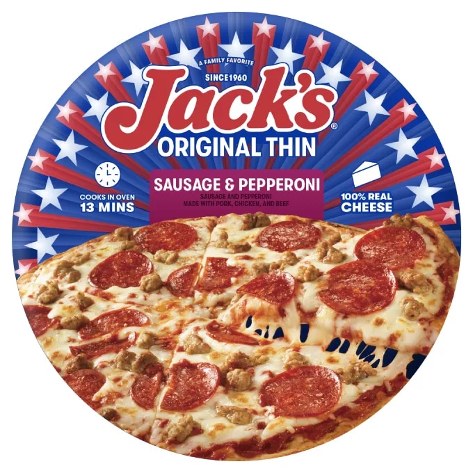 Vista frontal centrada de caja de pizza congelada sabor Sausage & Pepperoni con Masa Final Original de Jack's con peso neto de 15 oz (428 g).