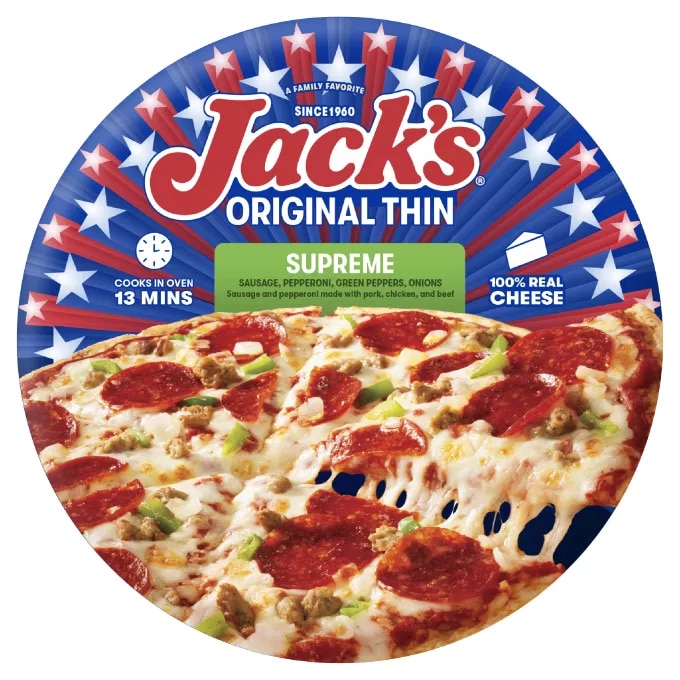 Vista frontal centrada de caja de pizza congelada sabor Cheese Supreme con Masa Final Original de Jack's con peso neto de 15.8 oz (448 g).