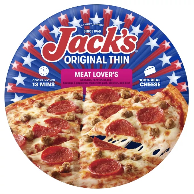 Vista frontal centrada de caja de pizza congelada sabor Meat Lovers con Masa Final Original de Jack's con peso neto de 14.4 oz (409 g).