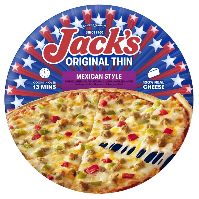 Vista frontal centrada de caja de pizza congelada sabor Mexican Style con Masa Final Original de Jack's con peso neto de 15.3 oz (435 g).