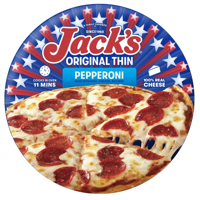 Vista frontal centrada de caja de pizza congelada sabor Pepperoni con Masa Final Original de Jack's con peso neto de 14.3 oz (408 g).