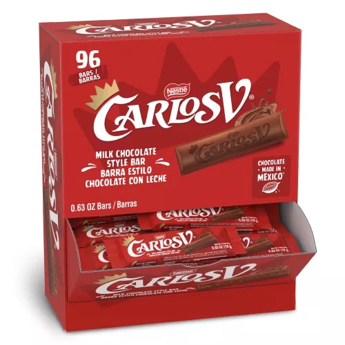 Front Center view of Nestle Carlos V Milk Chocolate Style Bars 96 Count Box, 60.9oz Carton:
NET WT 3.8 LB (60.9 OZ) 1.72 kg
Bar:
NET WT 0.63 OZ (18 g) product.