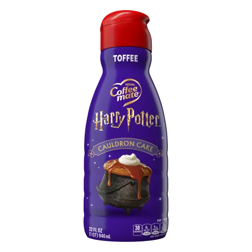 Front Center view of COFFEE-MATE(R) HARRY POTTER(R) Toffee Cauldron Cake Non-Dairy Creamer 32 oz Bottle 32 FL OZ (1 QT) 946 mL product.