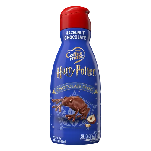 Front Center view of NESTLE COFFEE MATE Liquid Creamer Harry Potter Hazelnut Chocolate Frog 32floz Bottle 32 FL OZ (1 QT) 946 mL product.