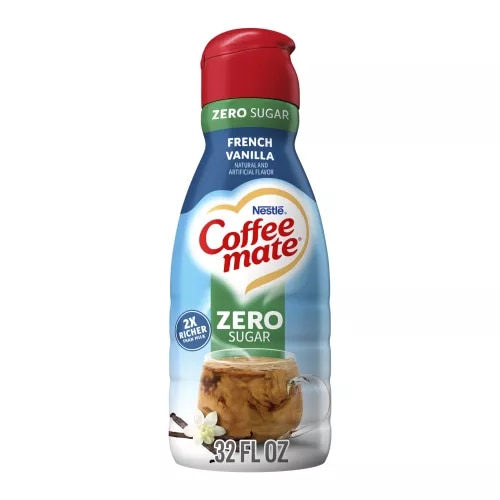 Bottle of Zero Sugar French Vanilla Coffee Creamer with coffee, vanilla beans and Zero Sugar and 2x Richer Than Milk labels.