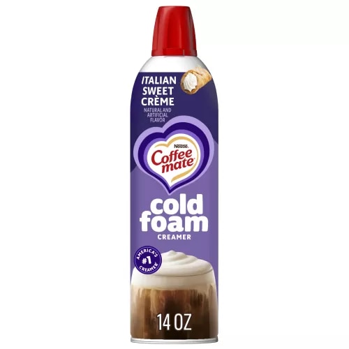 Vista frontal centrada de la lata de creamer Italian Sweet Crème Cold Foam de Coffee mate® con PESO NETO de 14oz (396 g).