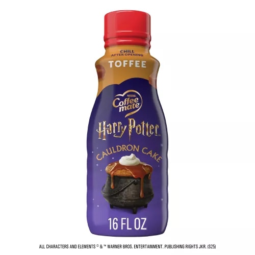 Front Center view of Coffee Mate Liquid Aseptic Creamer Toffee Cauldron Cake 16floz Bottle 16 FL OZ (1 PT) 473 mL product.
