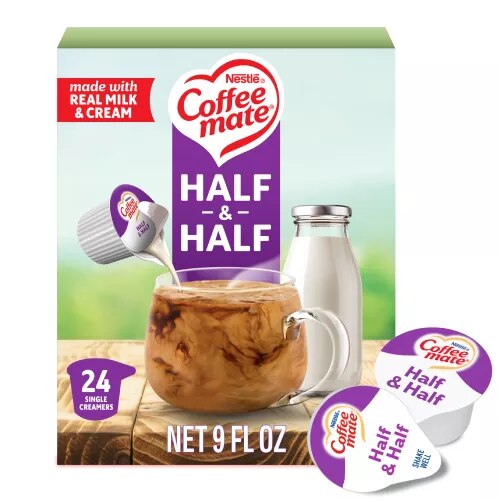 Front Center view of NESTLE COFFEE MATE Half & Half Tubs (24x0.304floz) Box 24- 3/8 FL OZ (11 mL) CREAMERS NET 9 FL OZ (266mL) product.