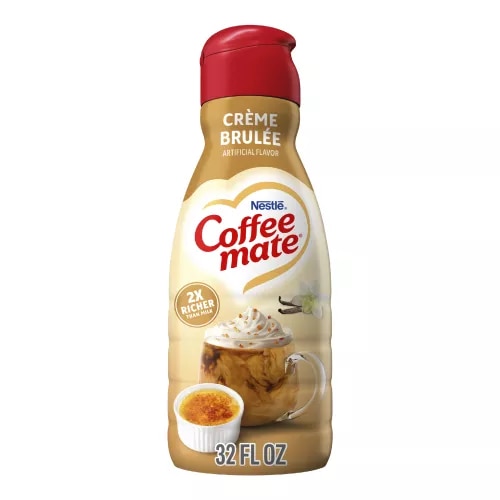 A bottle of Coffee mate Crème Brulee Creamer with a red label and cap above vanilla beans, Crème Brulee and the product logo.