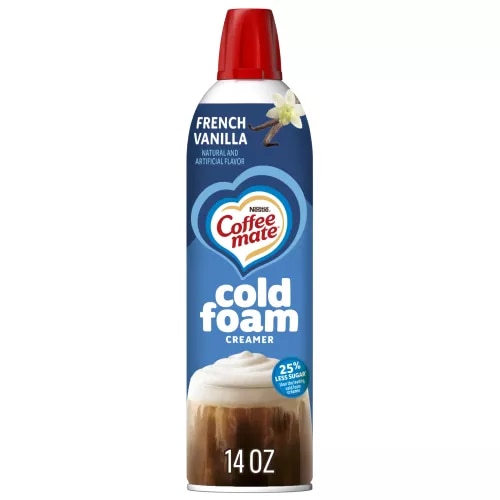 Vista frontal centrada de la lata de creamer French Vanilla Cold Foam de Coffee mate® con PESO NETO de 14oz (396 g).
