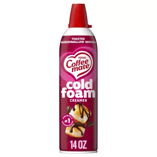 Front Center view of NESTLE COFFEE MATE Cold Foam Creamer Toasted Marshmallow Mocha 14oz Bottle NET WT 14 oz (396 g) product.