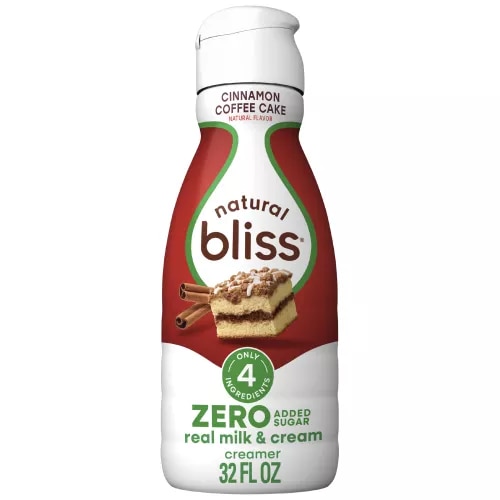 Front Center view of NESTLE COFFEE MATE Liquid NATURAL BLISS Sugar Free Cinnamon Coffee Cake 32floz Bottle product.