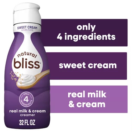 Botella blanca de creamer natural bliss Sweet Cream con etiqueta morada, una cucharada de azúcar y leche.