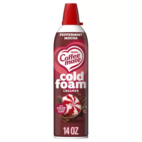 Vista frontal centrada de un creamer de espuma fría sabor Peppermint de NESTLE COFFEE MATE con peso neto de 14oz (396g).