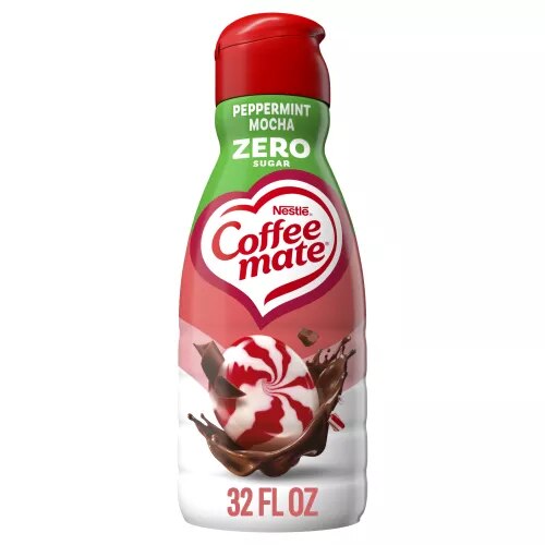 Front Center view of Coffee Mate Nestle Coffee mate Zero Sugar Peppermint Mocha Liquid Coffee Creamer 32 FL OZ (1 QT) 946 mL product.