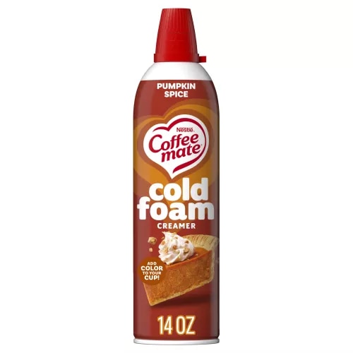 Vista frontal centrada de un frasco de creamer de espuma sabor Pumpkin de NESTLE COFFEE MATE con peso neto de 14oz (396g).