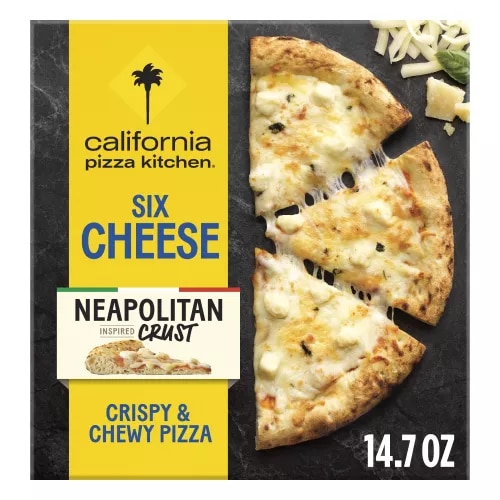 Front Center view of CALIFORNIA PIZZA KITCHEN 6 Cheese Pizza Neapolitan Crust 14.7oz Net Wt 14.7 oz (419 g) product.