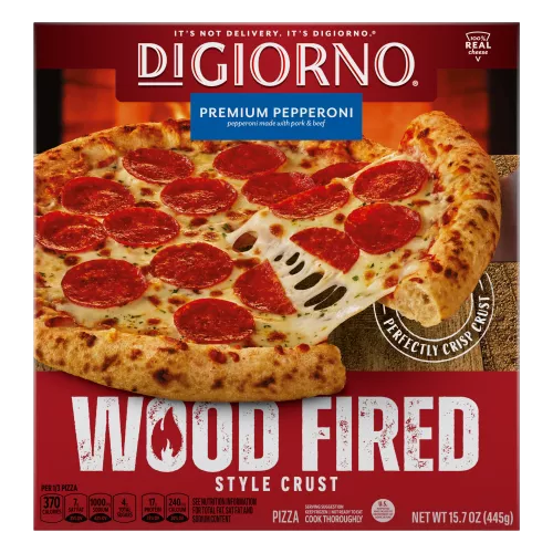 Front Center view of DIGIORNO Frozen Wood Fired Pizza Premium Pepperoni 15.7oz Box NET WT 15.7 oz (445g) product.