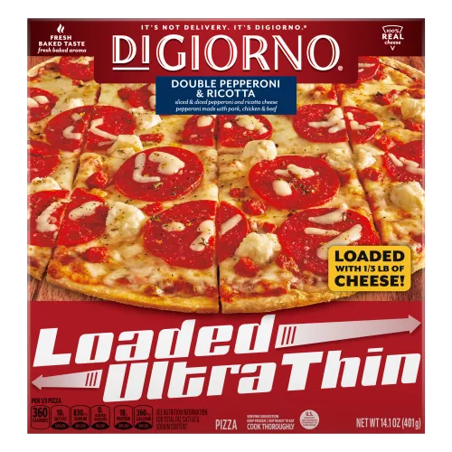 Vista frontal centrada de caja de pizza DiGiorno Doble Pepperoni y Queso con masa delgada ultra cargada (11in -14.1oz, 401g).