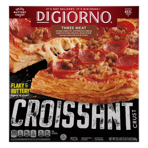 Box of DiGiorno Croissant Crust Three Meat Pizza with BUTTERY layers of crust label and the Croissant Crust logo.