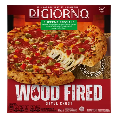 Front Center view of DIGIORNO Frozen Wood Fired Pizza Supreme 17.1oz Box NET WT 17.1 oz (1 lb. 1.1 oz) 485g product.