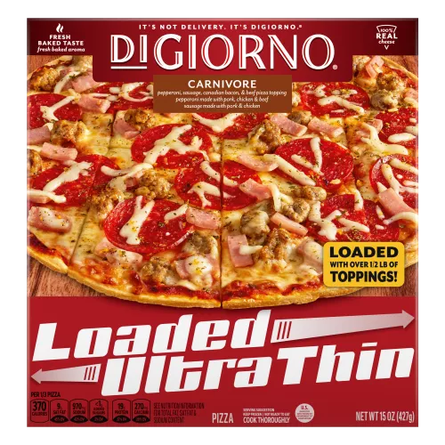 Box of DiGiorno Loaded Ultra Thin Carnivore Pizza on a cutting board & Loaded Ultra Thin logo.