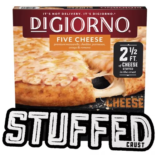 Caja de pizza DiGiorno Stuffed Crust Five Cheese, con queso estirándose desde el borde de la pizza y etiquetas Stuffed Crust