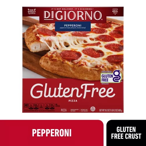 A box of Gluten Free Pepperoni Pizza with New & Improved Recipe, No Wheat Ingredients and 100% Real Cheese labels.